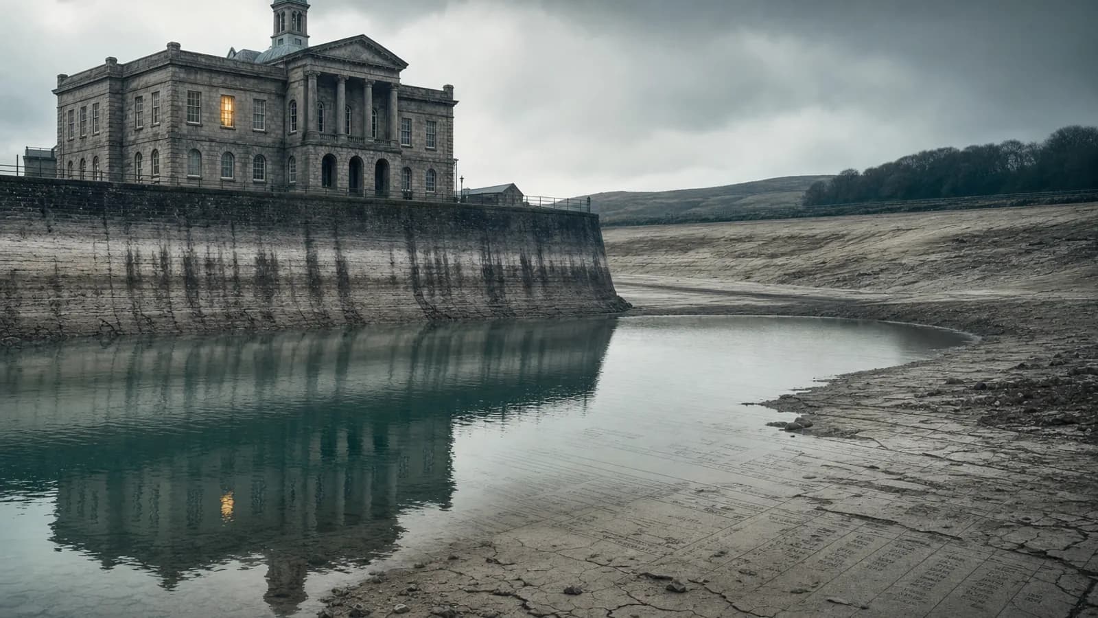 Editorial illustration: a grand Cornish granite civic building beside a drained reservoir, its cracked exposed bed and a high-water line on the embankment marking how far the water has fallen — a visual metaphor for public reserves being drawn down.