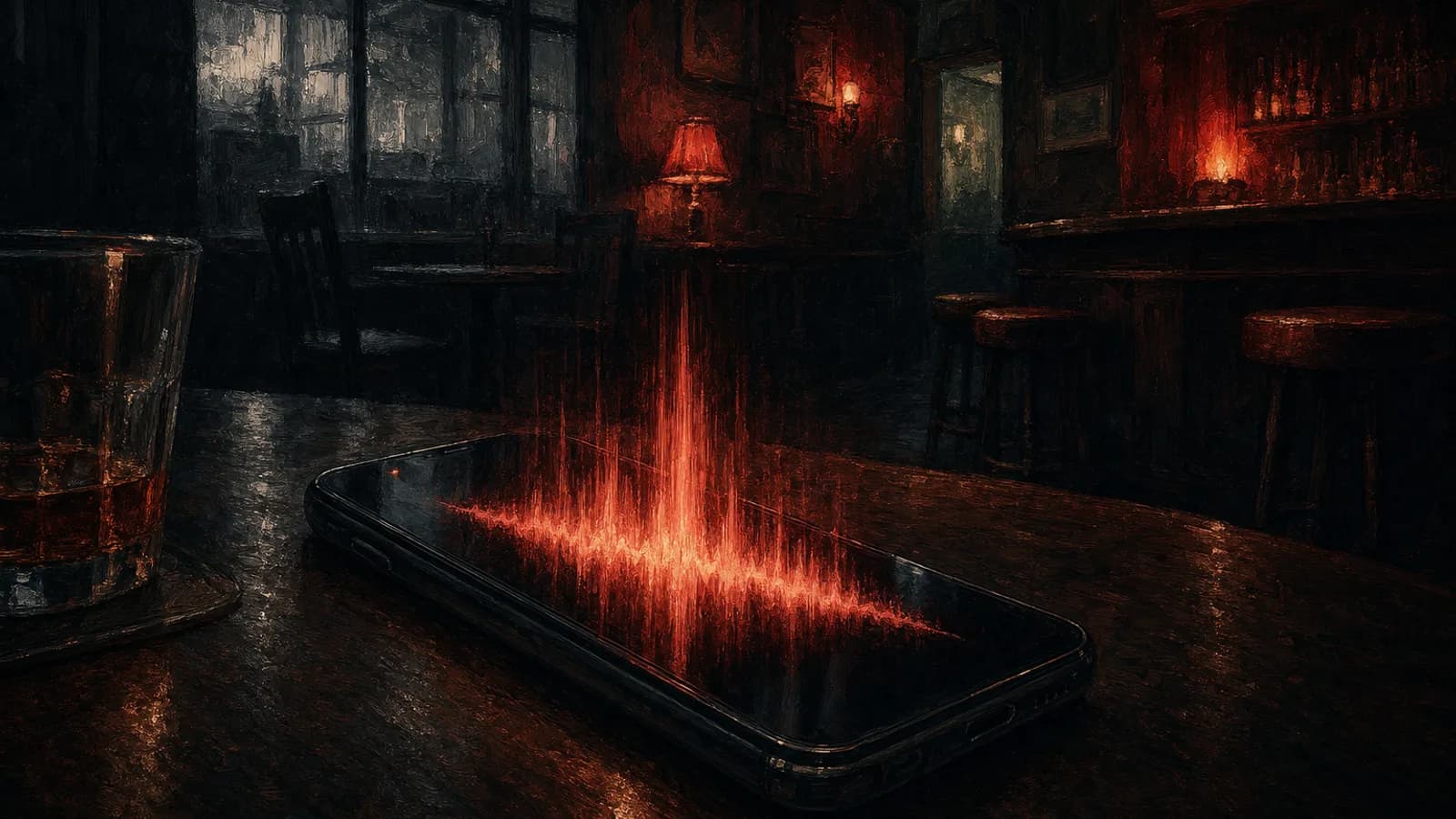 Editorial illustration: a smartphone secretly recording on a dark pub table, a glowing audio waveform rising