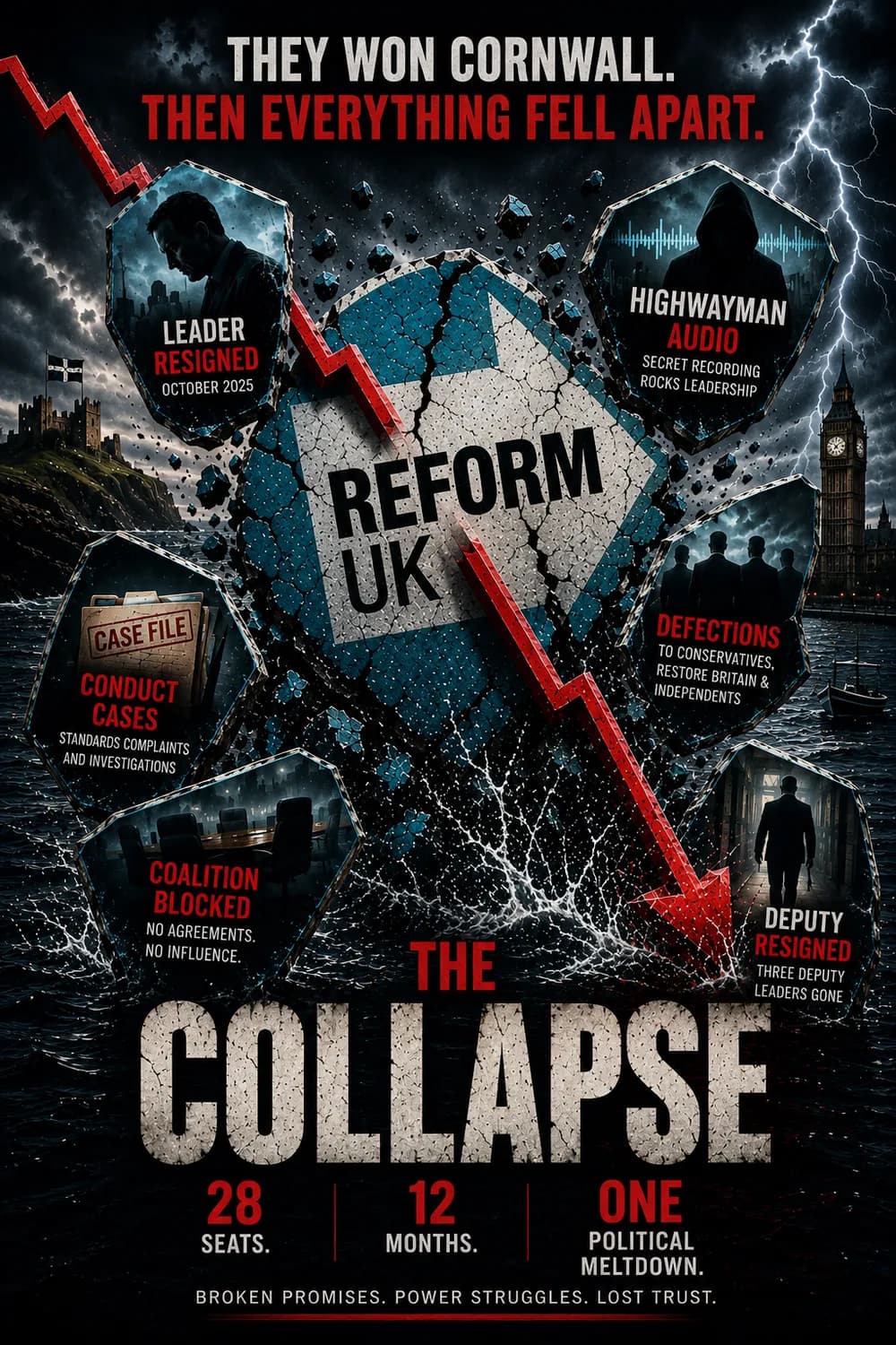 Editorial poster summarising Reform UK's Cornwall collapse: a cracked Reform UK logo over a stormy sea, ringed by the investigation's key threads — the resigned leader, the Highwayman recording, defections to other parties, conduct cases, a blocked coalition and a resigned deputy.