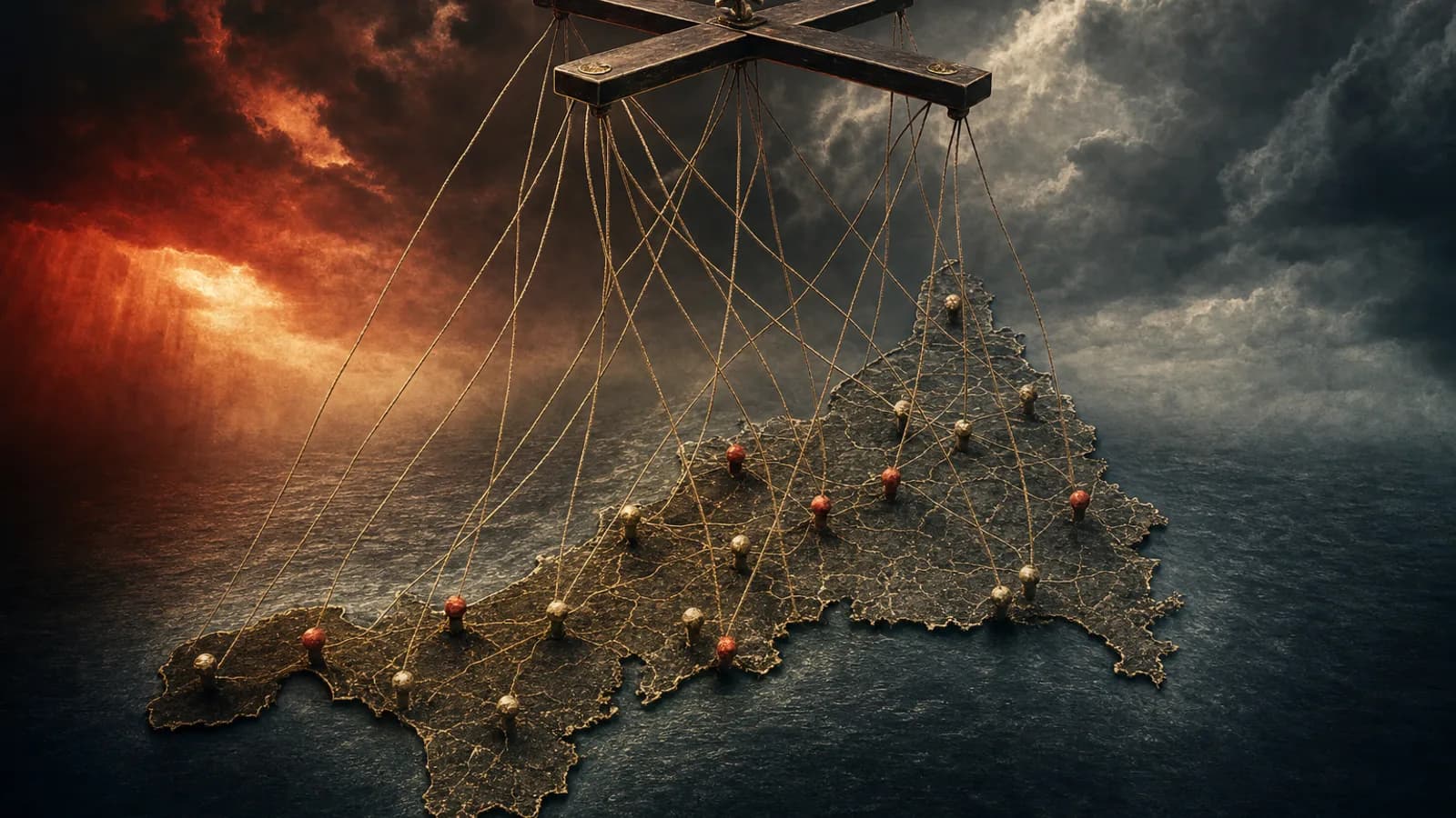 Editorial illustration: a marionette control-bar with strings descending over a map of Cornwall