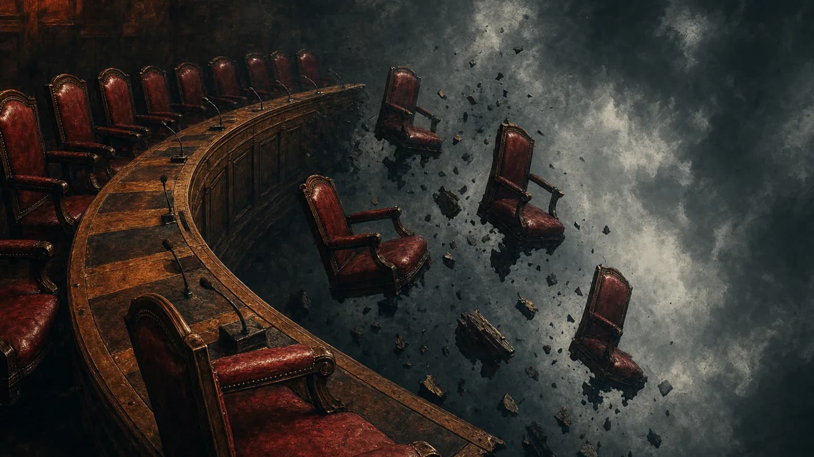 Editorial illustration: council chamber seats breaking away into a stormy void