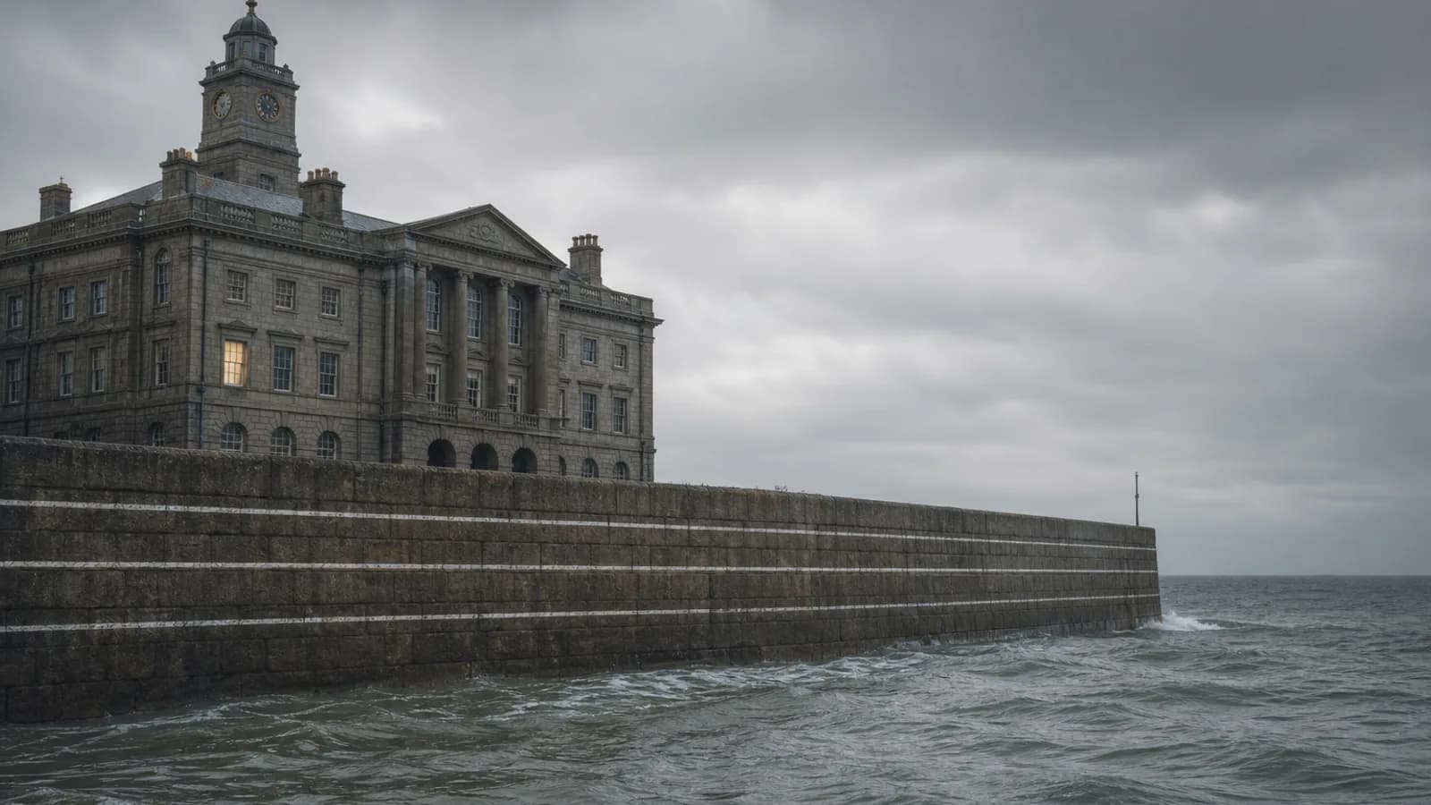 Editorial illustration: a grand Cornish granite civic building with a clock tower stands behind a long stone sea wall under a heavy grey sky. Painted tide lines climb the face of the wall as the sea presses against it, a visual metaphor for rising debt.